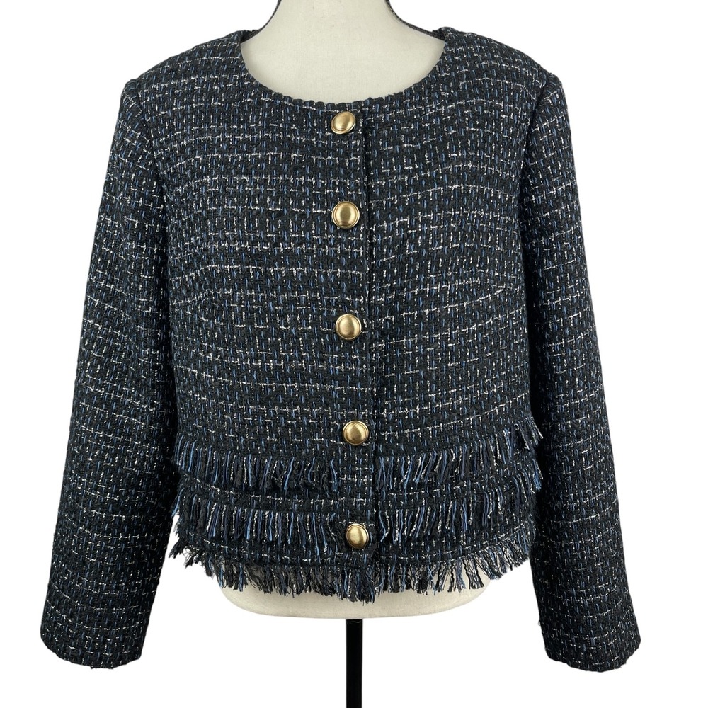 Express Women's Blazer Jacket XL Black Blue Tweed Fringe Cropped Gold Buttons